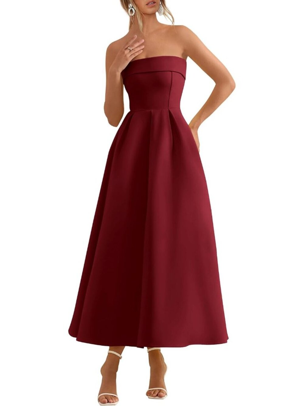 Women's Burgundy Summer Formal Elegant Tube Top Strapless Wedding Midi Dress
